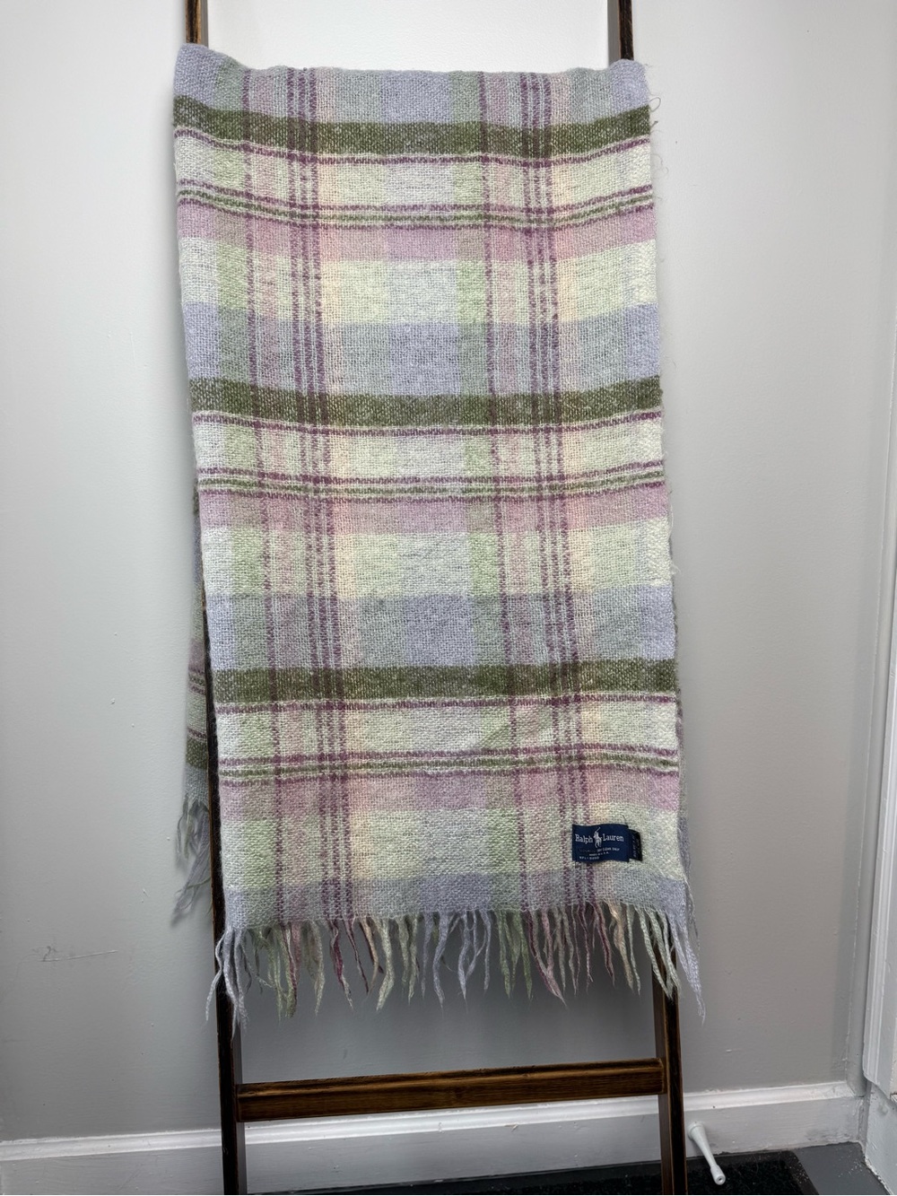 Vintage Ralph Lauren 100% Mohair Wool Plaid Throw Blanket 54x72 USA Made Fringe